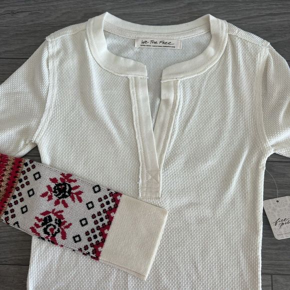 Free‎ People Mikah Notch Neck Top Thermal Fair Isle Sleeves Cream Combo XS - Picture 1 of 5